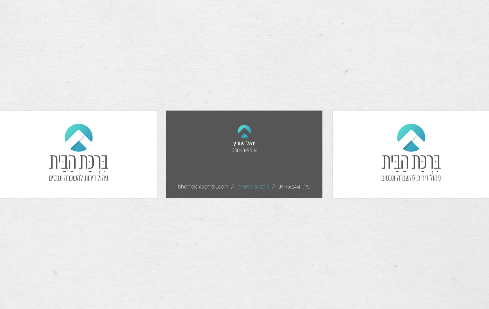 מוקאפ כרטיסי ביקור של ברכת הבית ניהול דירות להשכרה ונכסים עם לוגו ופרטי יואל שוורץ