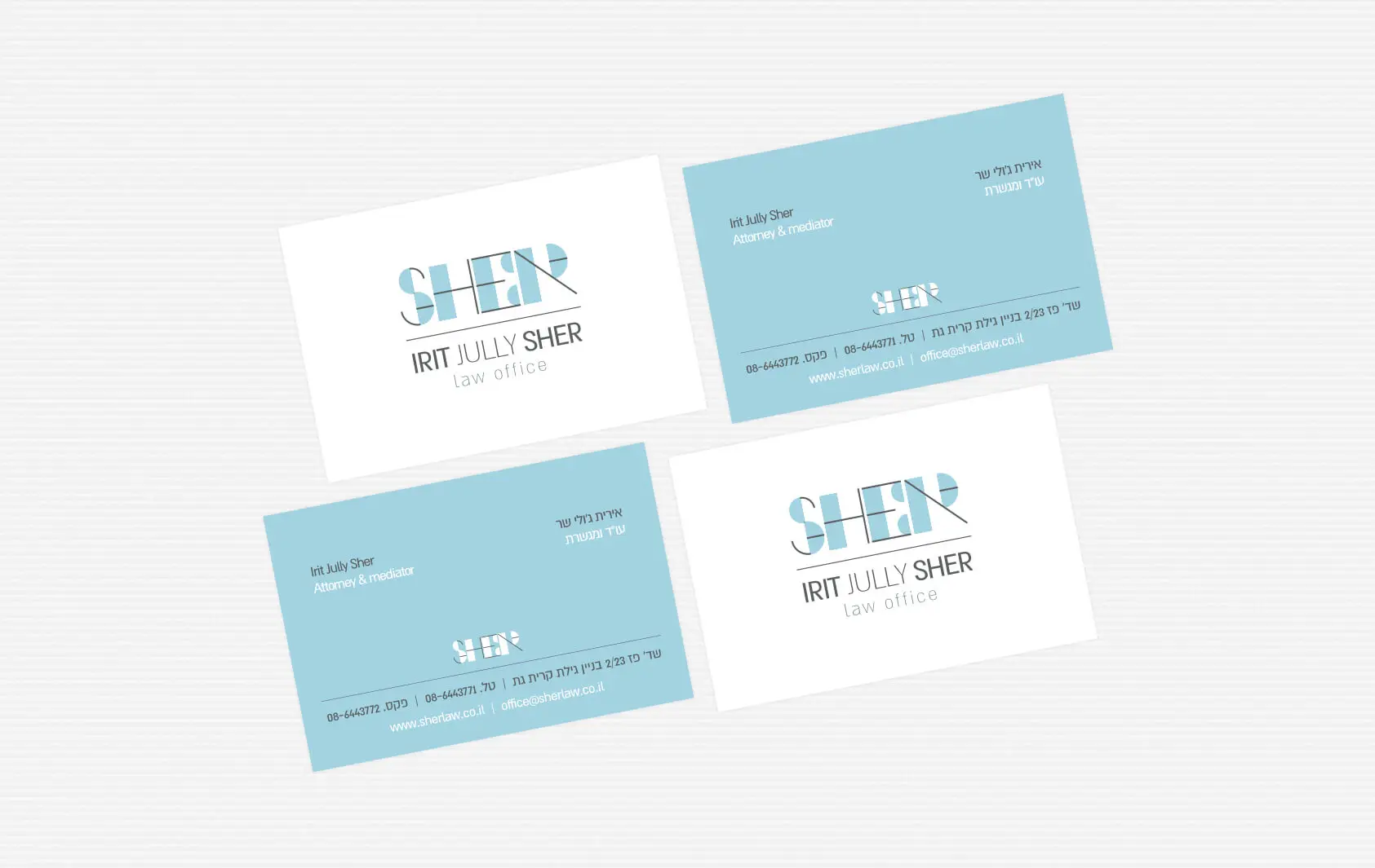 מוקאפ כרטיסי ביקור של SHEN Irit Jully Sher Law Office בכחול ולבן
