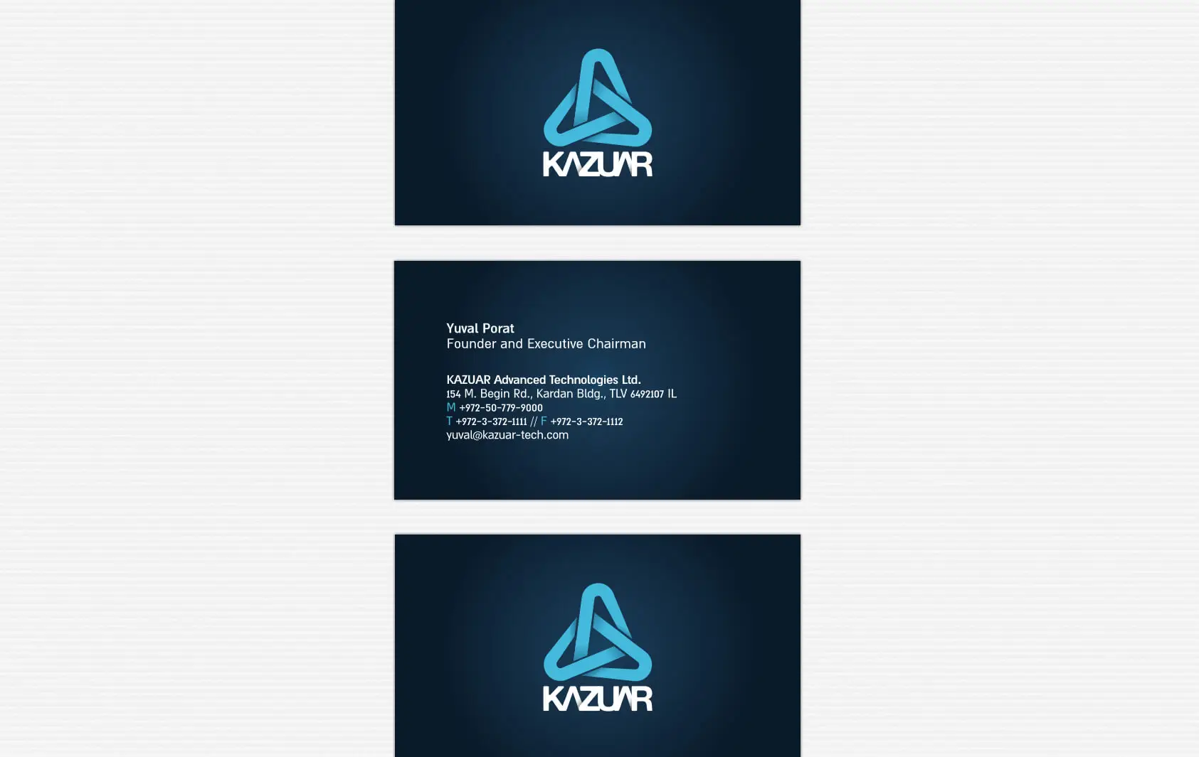 מוקאפ כרטיסי ביקור של KAZUAR Advanced Technologies עם לוגו משולש ופרטי Yuval Porat Founder and Executive Chairman על רקע כחול