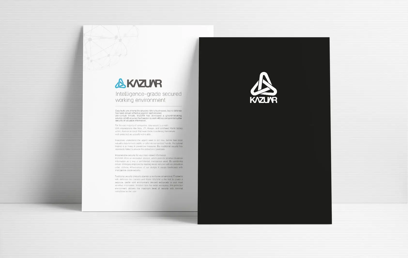 מוקאפ מסמך ותיקיה של KAZUAR עם כותרת Intelligence-grade secured working environment