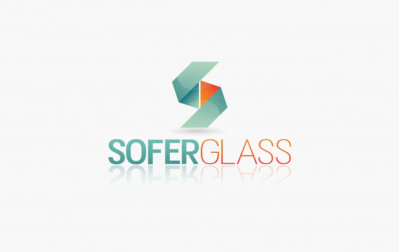 לוגו SOFERGLASS עם איקון מעוינות והשתקפות בגווני תכלת וכתום