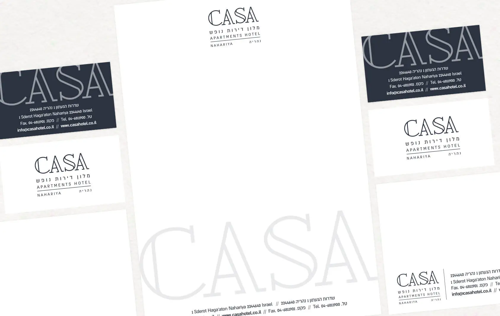 כרטיסי ביקור ונייר מכתבים של CASA עם לוגו והדפסת מים ברקע