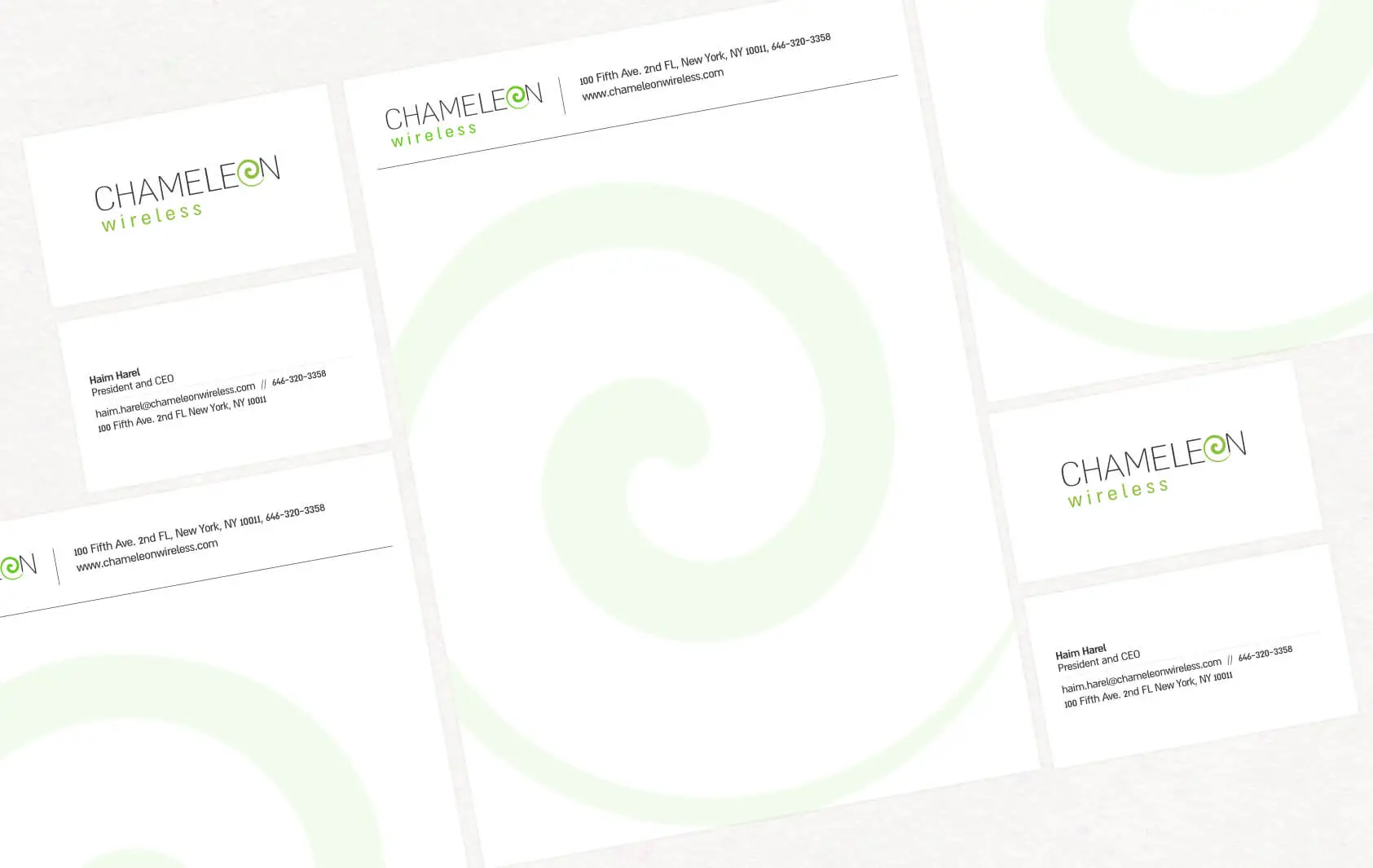 מיצוג כרטיסי ביקור לחברת Chameleon Wireless עם לוגו ופרטי קשר